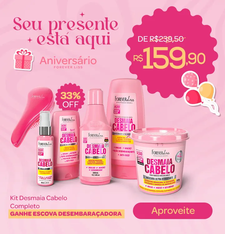 Aniversário Forevers Liss Até 70% OFF - Kit Desmaia Cabelo Completo Forever Liss - Ganhe Escova Desembaraçadora Banner Aniversário Forevers Liss Até 70% OFF - Kit Desmaia Cabelo Completo Forever Liss - Ganhe Escova Desembaraçadora