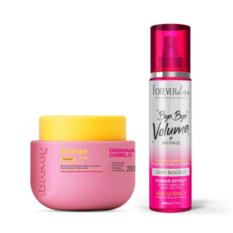 Kit Máscara Desmaia Cabelo 250g e Bye Bye Volume Forever Liss 200ml Produto Kit Máscara Desmaia Cabelo 250g e Bye Bye Volume Forever Liss 200ml