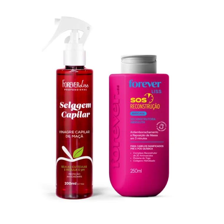 Kit Vinagre Capilar 200ml e SOS Reconstrução Forever Liss 250ml Produto Kit Vinagre Capilar 200ml e SOS Reconstrução Forever Liss 250ml