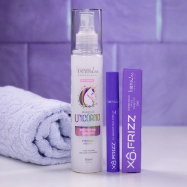 Produto - Kit Protetor Térmico Magia de Unicórnio e Modelador de fios Xô Frizz Forever Liss